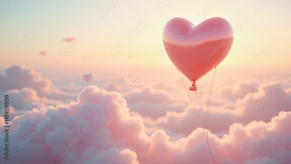 Obraz premium A glossy heart floats like a balloon amidst pastel clouds, symbolizing joy and love’s uplifting nature. Golden sunlight and a dreamy horizon enhance this whimsical, serene scene.