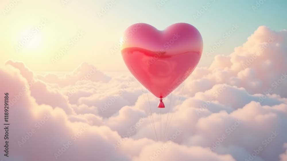 Obraz premium A glossy heart floats like a balloon amidst pastel clouds, symbolizing joy and love’s uplifting nature. Golden sunlight and a dreamy horizon enhance this whimsical, serene scene.