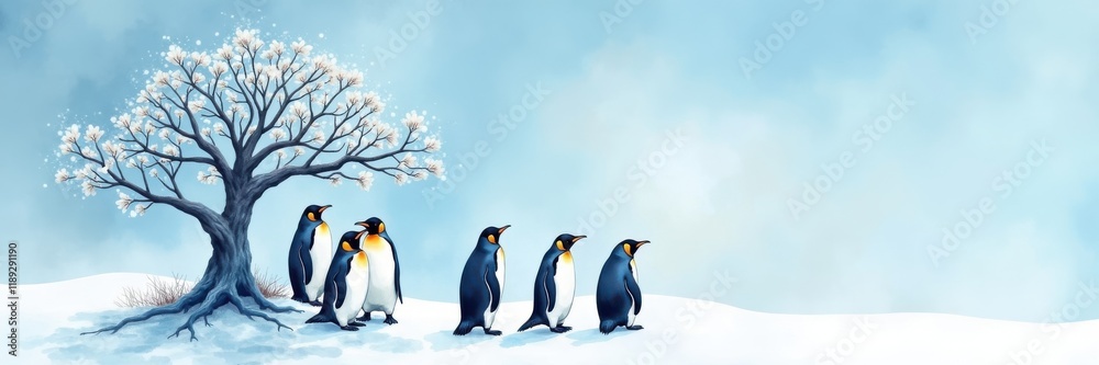 Fototapeta premium Celebrating penguin day a group of penguins in a snowy landscape whimsical art winter wonderland charming concept