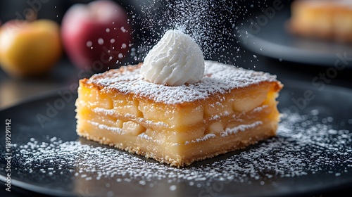 An Exquisite Presentation of Traditional Sicilian Apple Pie Torta di Mele Cremosa on a Modern Nordic Plate photo