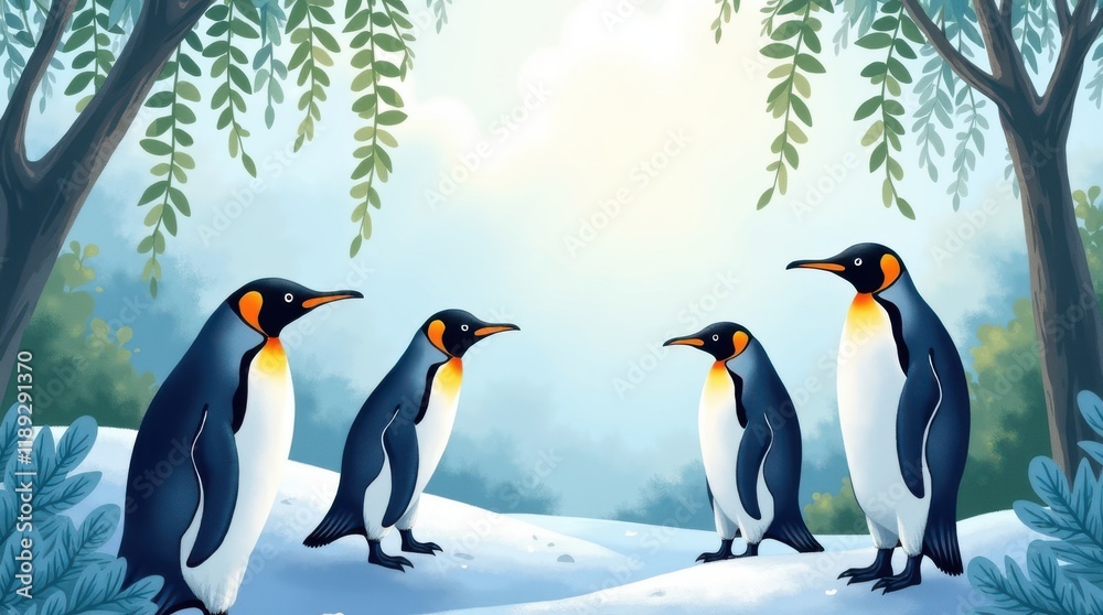 Fototapeta premium Celebrating penguin day with a gathering of penguins in a snowy forest clearing