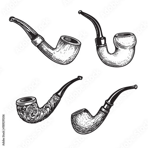 Tobacco pipes sketch set. Hand drawn vintage smoking accessories collection. Vector illustrations isolated on white.