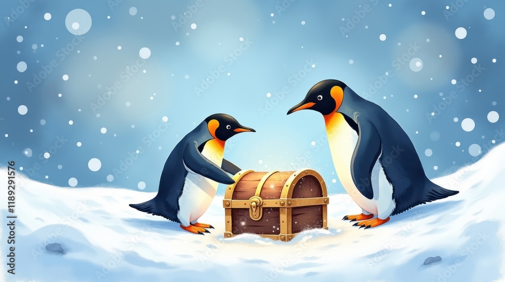 Obraz premium Penguin day celebration snowy landscape cartoon art winter wonderland fun concept