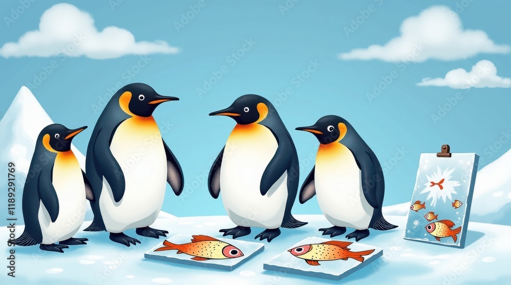 Obraz premium Penguin day celebration playful penguins antarctic landscape digital art cheerful environment whimsical viewpoint