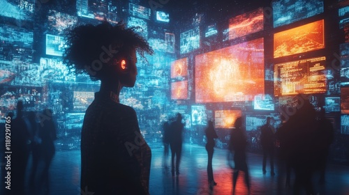 In a vibrant virtual reality social hub, individuals interact amidst a backdrop of stunning digital displays showcasing dynamic content. Participants are fully immersed, enjoying conversations