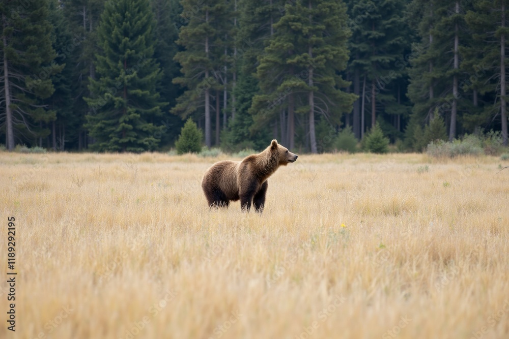 Solitary Bear in a Grass Field with Forest Background Solitary Bear in a Grass Field with Forest Background