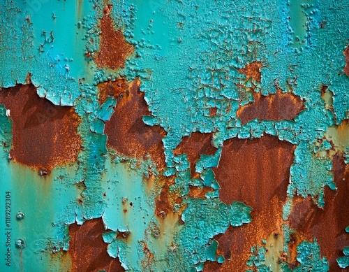 a weathered metal surface with a vibrant turquoise and rust patina revealing the passage of time and the resilience of nature