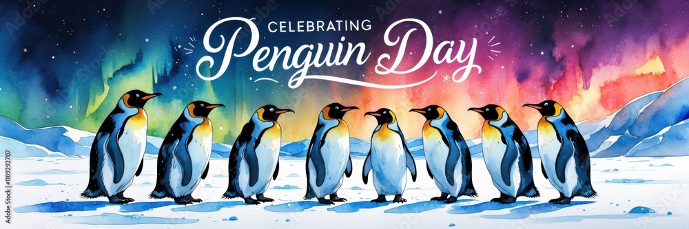 Obraz premium Celebrating penguin day fun activities with penguins in a snowy arctic landscape vibrant colors and joyful atmosphere