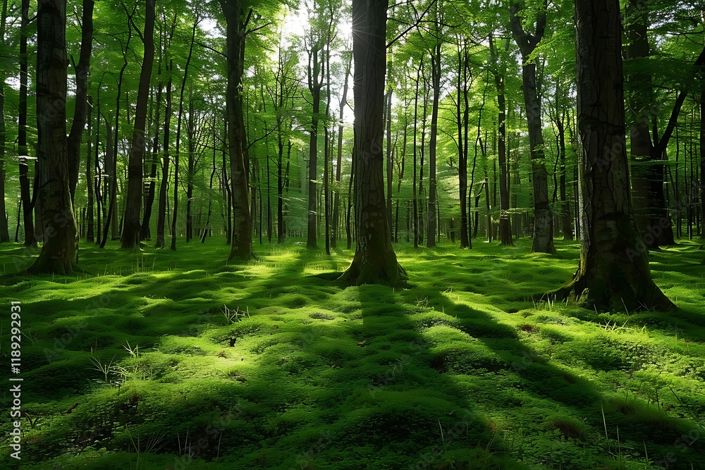 Naklejka premium a natural landscape with dense forest with large trees and different botanical diversities in daylight