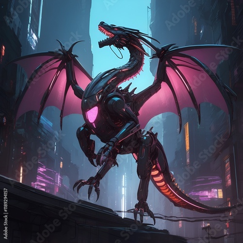 A futuristic robotic dragon with glowing neon accents and cyberpunk wings, floating in a digital void. photo