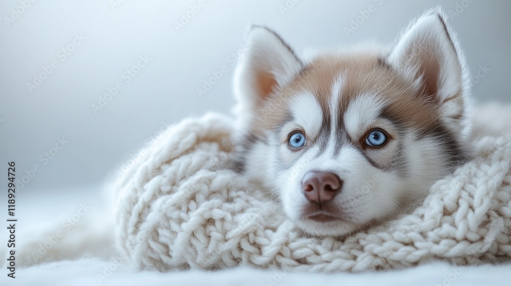 Fototapeta premium Adorable husky puppy with bright blue eyes resting on a cozy white knitted blanket.