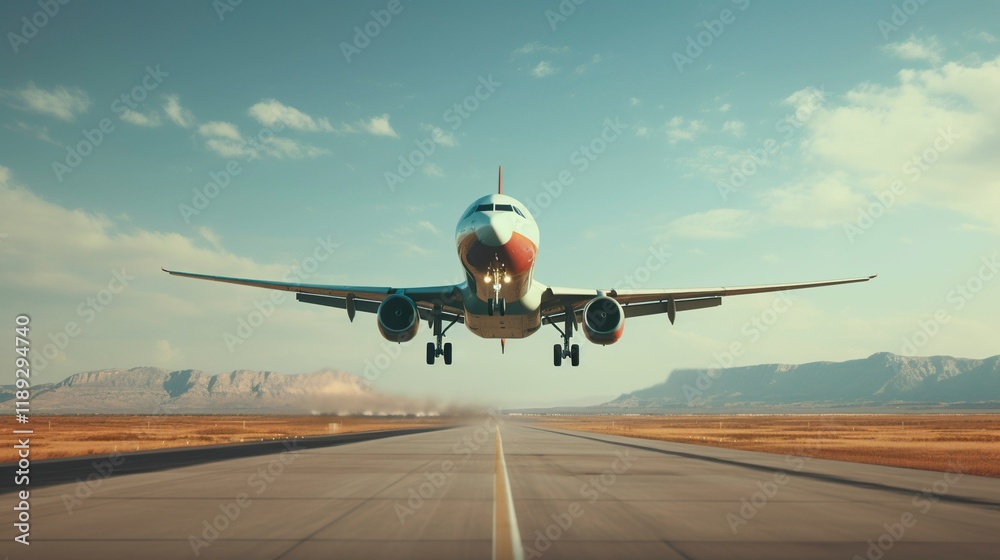 Obraz premium A photo of a commercial jet taking off