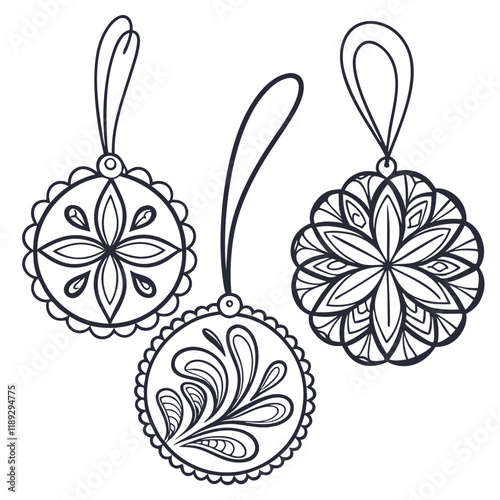 Three decorative christmas ornaments with intricate floral designs hang gracefully, ready to adorn a festive tree, isolated on white background