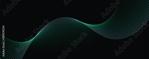 Vector abstract light lines wavy flowing dynamic in green and blue colors isolated on black background.