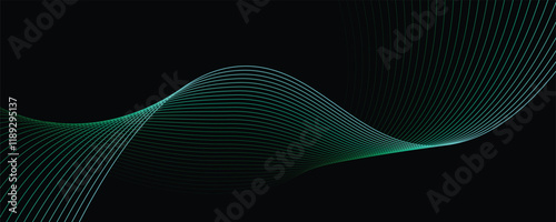 Vector abstract light lines wavy flowing dynamic in green and blue colors isolated on black background.