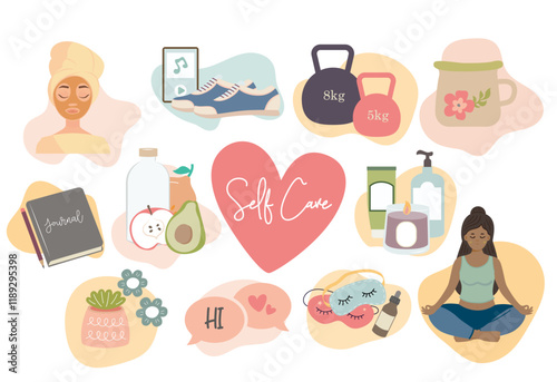 collection self care icon sleeping mask diary letter yourself water cute sock coffee herbal tea love relax life female body mental health illustration