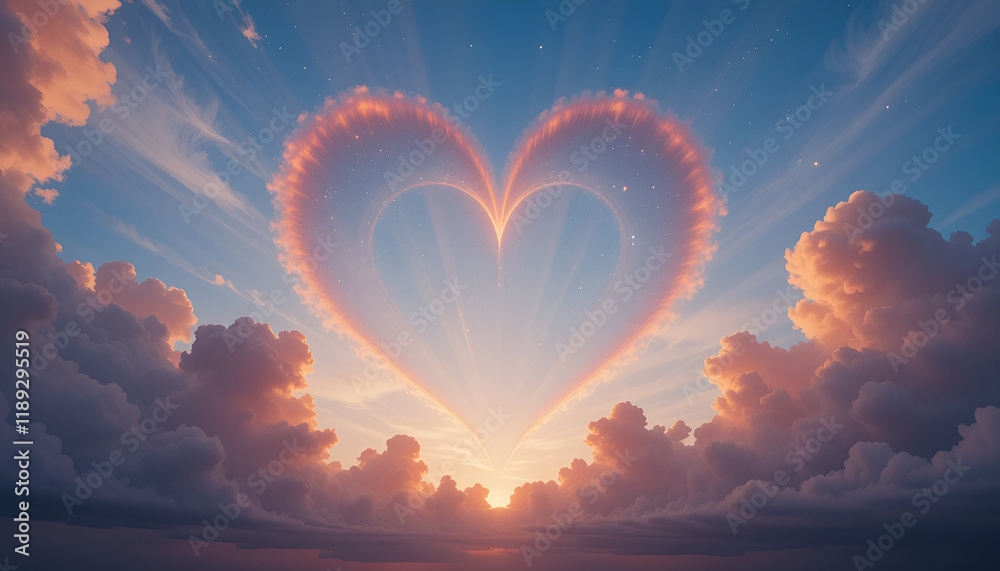 Fototapeta premium Heart-shaped clouds glowing in the sunset