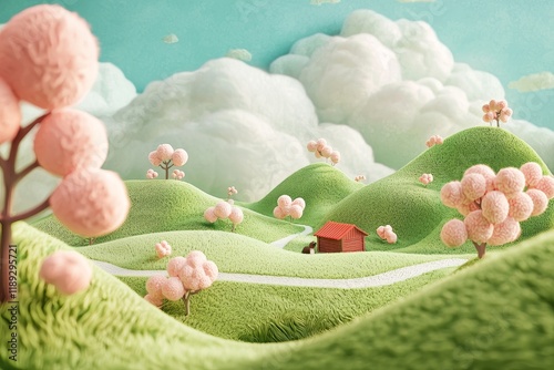 3D Spring Landscape: Chinese Style Hilly Farm - Serene 3D  of a whimsical Chinese-style landscape.  Fluffy pink trees, rolling green hills, a small red house, and soft clouds create a peaceful and idy photo