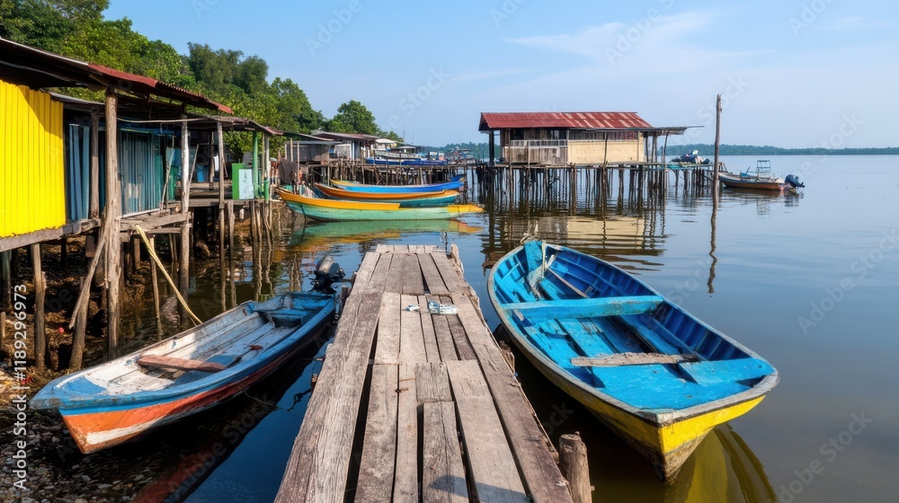 A tranquil fishing village by the water, dotted with colorful boats moored at rustic docks, under a calm blue sky reflecting serenity. A tranquil fishing village by the water, dotted with colorful boats moored at rustic docks, under a calm blue sky reflecting serenity.
