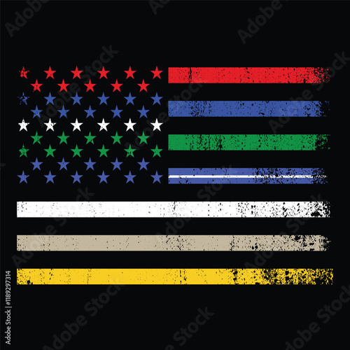 First Responders Police Military Firefighter Nurse Ems Dispatch Correction American Usa Flag Design For T Shirt Poster Banner Background Print Vector Illustration..