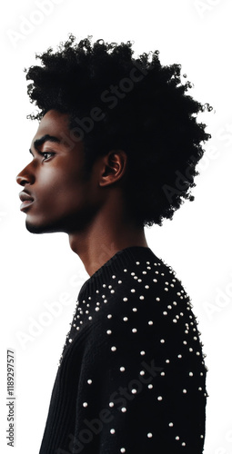 Profile of a man in black sweater with pearl embellishments on transparent background, fashion elegance concept