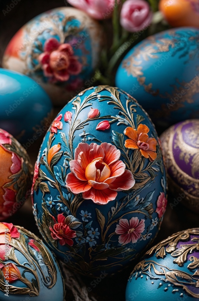 Intricately Painted Easter Eggs with Stunning Floral Detail in Close-Up Shot Intricately Painted Easter Eggs with Stunning Floral Detail in Close-Up Shot