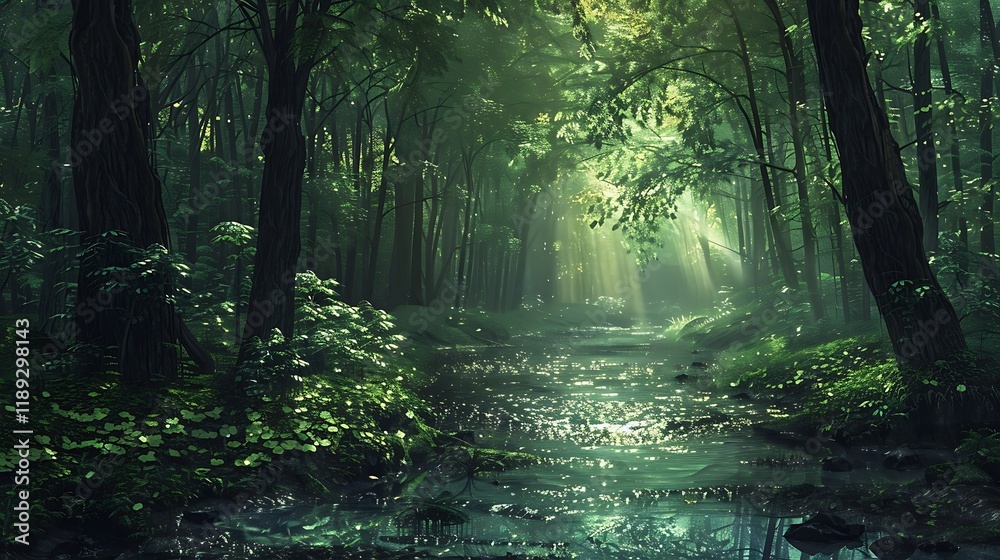 Fototapeta premium a natural landscape with dense forest with large trees and different botanical diversities in daylight