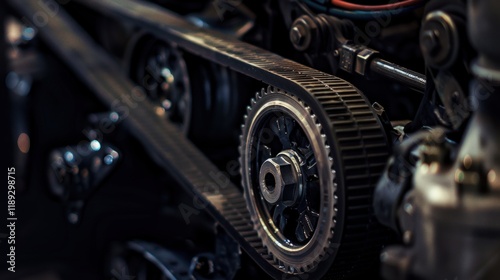 Close-up of a vehicle's timing belt and pulley system. photo