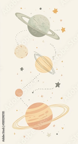 A cute hand drawn illustration of the solar system, with a line leading to space. The planets and stars have soft pastel colors. photo