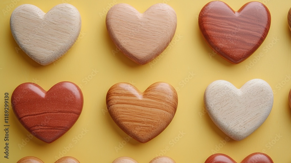 Fototapeta premium A colorful arrangement of heart-shaped wooden and textured cookies on a vibrant yellow background.
