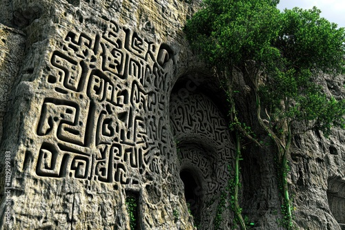 Ancient Stone Carvings Surrounded by Lush Tree Growth on a Cliffside Landscape