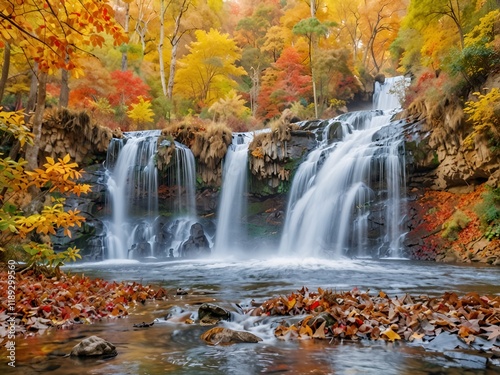 Colorful majestic waterfall in national park forest during autumn