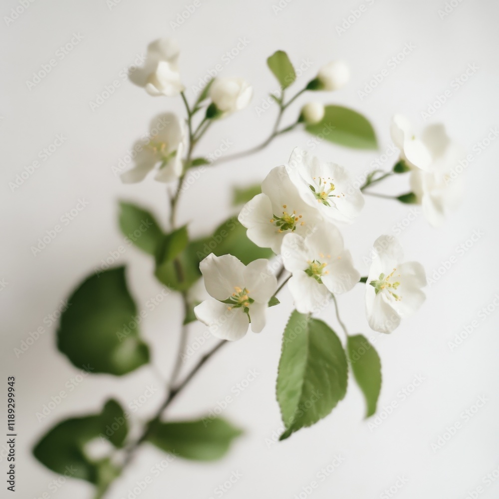 branch of delicate white flowers with green leaves against white background branch of delicate white flowers with green leaves against white background