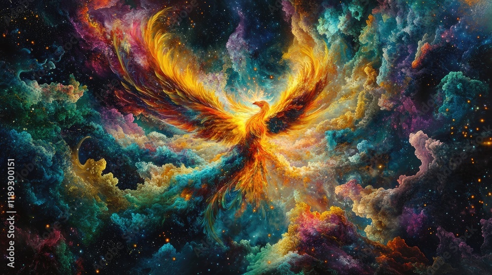 Colorful phoenix rising from vibrant nebula. Colorful phoenix rising from vibrant nebula.