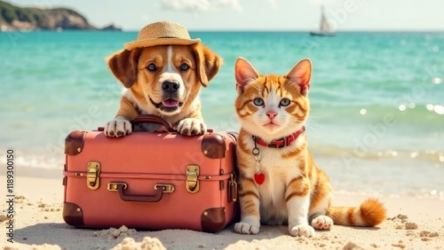 cute dog and funny cat with suitcase prepared for summer vacation time trip adventure, travel with animals