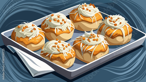 Freshly baked buns topped with cream cheese and shredded coconut on a baking tray with parchment