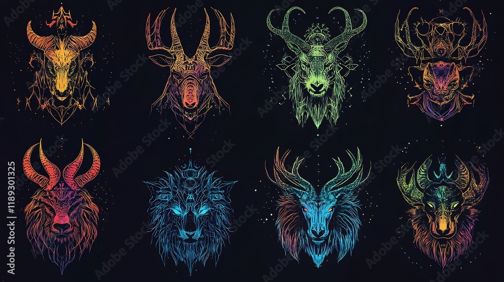 Fototapeta premium Set of colorful polygonal animals head 