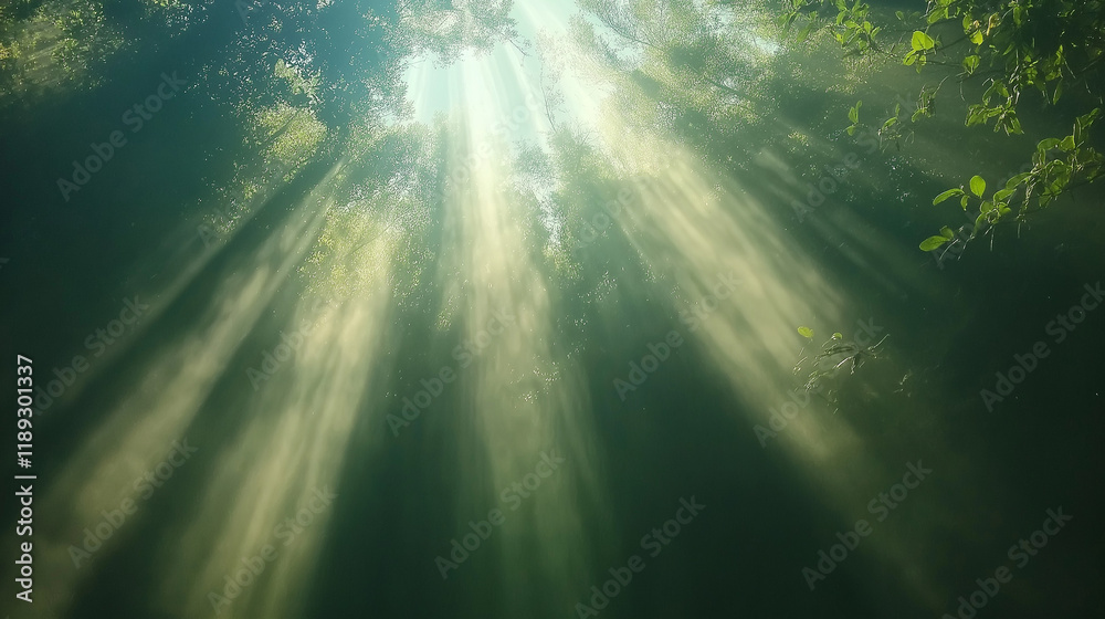 Sunlight Rays Streaming Through Green Forest Trees in Peaceful Nature Scene Sunlight Rays Streaming Through Green Forest Trees in Peaceful Nature Scene
