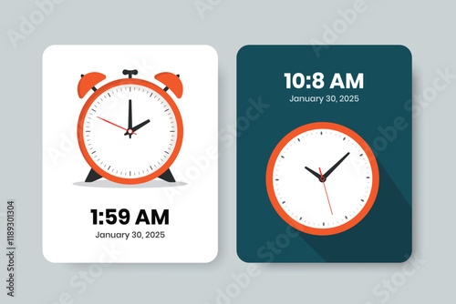 Old analogue clock illustration with two variations and digital time