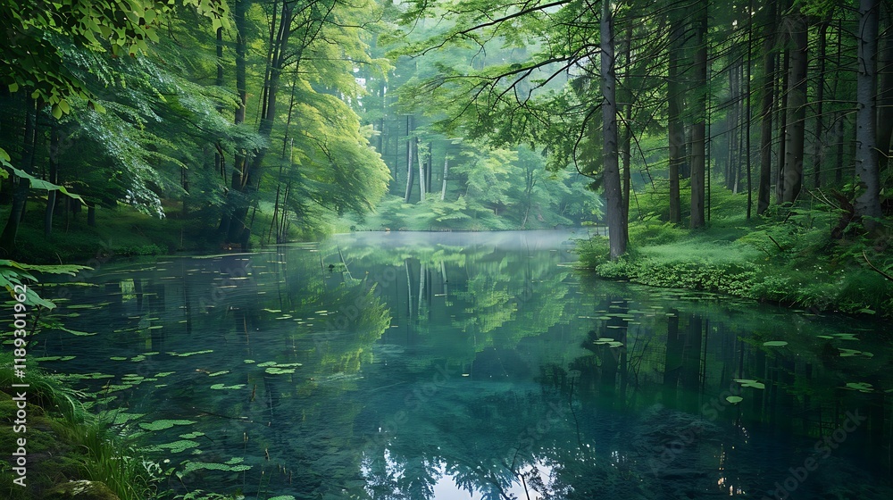 Fototapeta premium a natural landscape with dense forest and pond with large trees and different botanical diversities in daylight