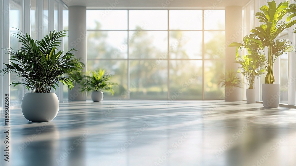 Fototapeta premium Sunlit Modern Office Lobby: Three potted palm trees stand in a bright, spacious lobby, bathed in sunlight streaming through expansive windows, creating a serene and productive atmosphere. 