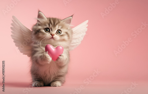 A fluffy cat dressed as Cupid stands against a soft pink background. With adorable wings and a pink heart in its paws, it embodies the spirit of love and affection. photo