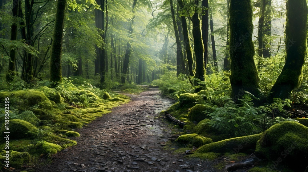 Obraz premium A photo of a forest path covered in morning dew