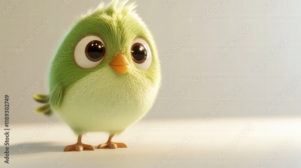 close up of a cute fluffy green bird standing on a plain surface