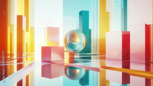 Abstract geometric shapes, vibrant colors, reflecting surfaces, modern architecture, minimalist design, bright, futuristic city, surreal, colorful, 3d render, perspective, modern, sunlight, empty spac