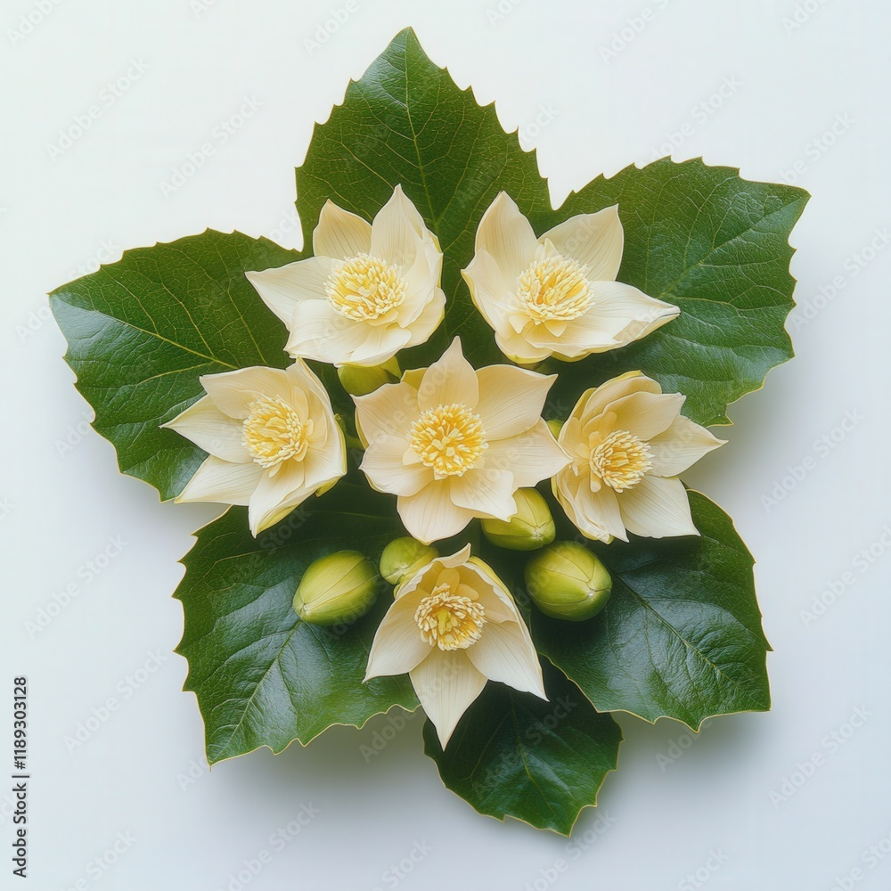 cream colored flowers and green leaf with buds
