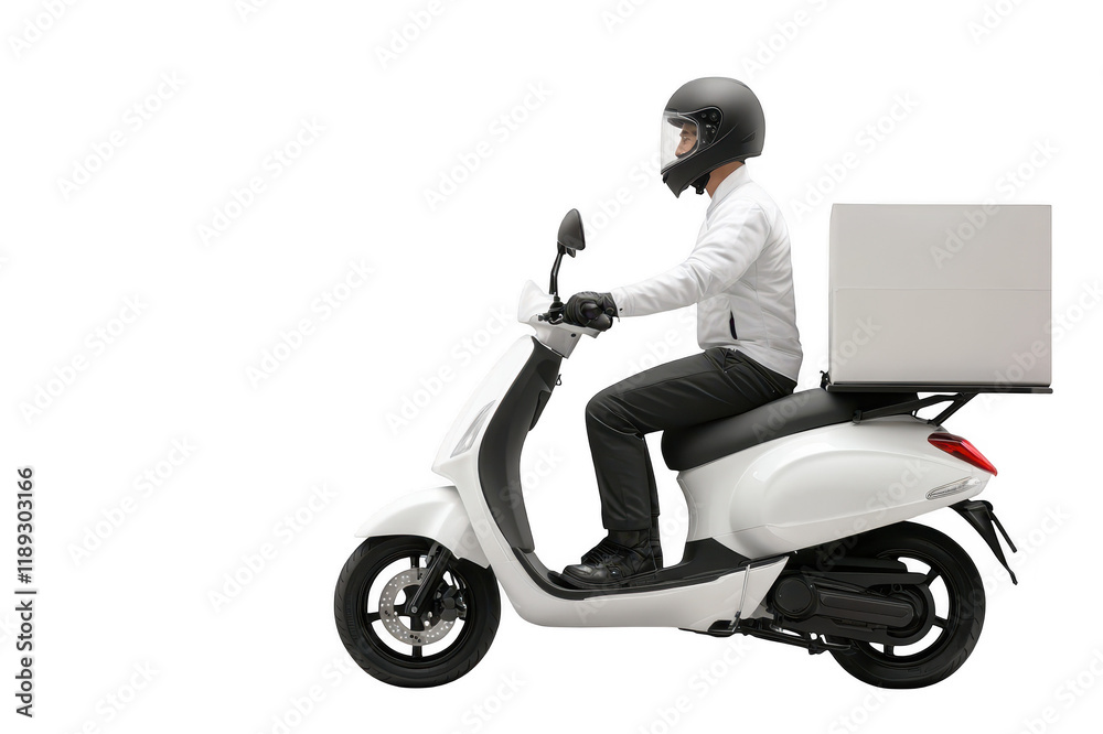 Delivery man riding white scooter with package on transparent background Delivery man riding white scooter with package on transparent background