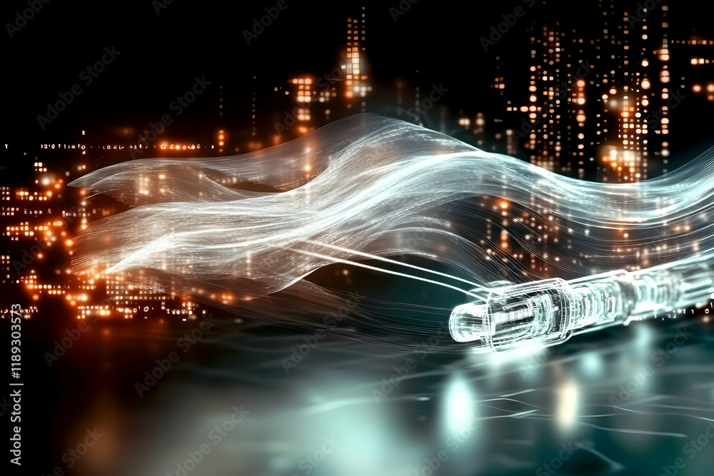 Obraz premium Futuristic data cable, glowing, city night background; digital communication, technology concept