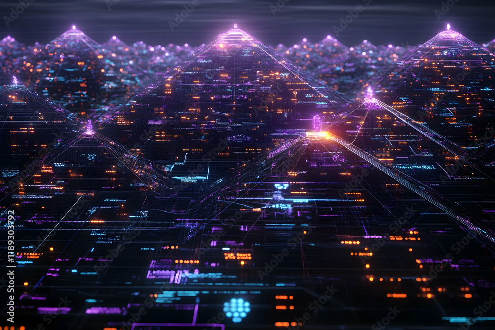 Fototapeta premium Futuristic digital city landscape at night, glowing circuits and data streams, potential use for technology or science fiction