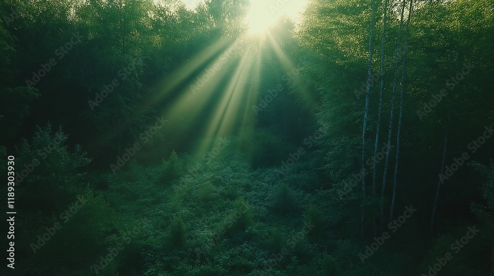 Sunlight Rays Streaming Through Green Forest Trees in Peaceful Nature Scene Sunlight Rays Streaming Through Green Forest Trees in Peaceful Nature Scene